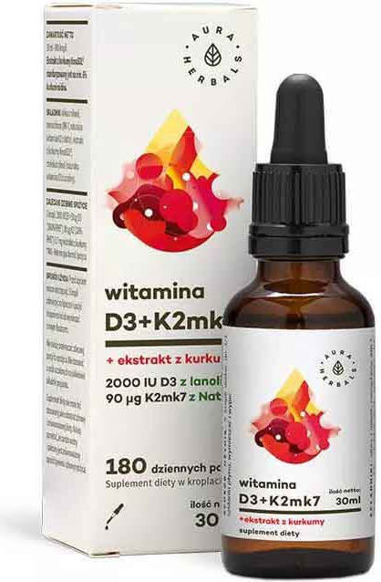 Vitamin D3 D - 3 2000iu + K - 2 K2MK7 + Kurkuma-Extrakt Novasol Tropfen 30ml AURA HERBALS
