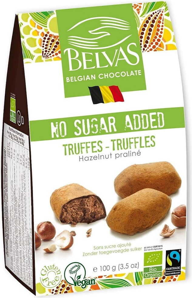 Belgische Schokoladentrüffel mit Haselnüssen ohne Zuckerzusatz glutenfrei BIO 100 g - BELVAS
