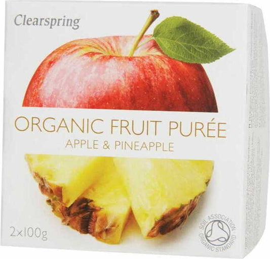 Bio Apfel-Ananas-Dessert von CLEARSPRING in 200 g Schale, zeigt fruchtiges Obstdessert mit Apfel- und Ananasstücken