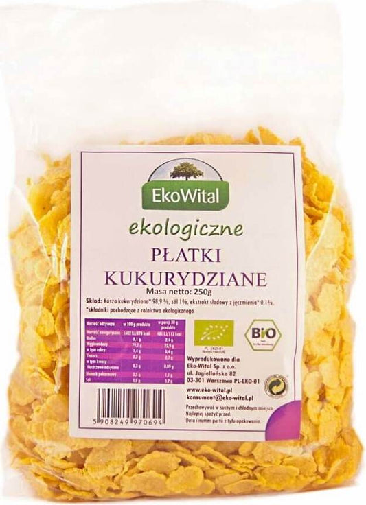 Bio Cornflakes von EKOWITAL in einer 250 g Packung, knusprig und gesund, ideal für das Frühstück.