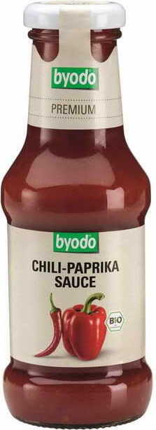 Glutenfreie Bio-Chilisauce von BYODO, 250 ml Flasche mit roter Chilisauce und natürlichen Zutaten.