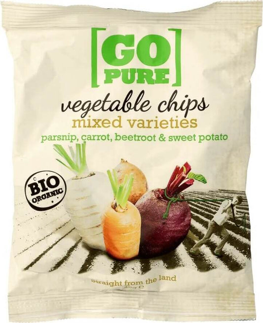 Gemüsechips glutenfreie BIO-Mischung von GO PURE, 40 g, bunte Gemüsestücke in einer transparenten Verpackung
