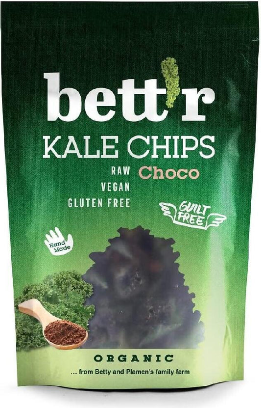 Bio Grünkohl-Chips mit Kakao von BETTR, glutenfrei, 30 g, knusprige gesunde Snack-Option in natürlicher Darstellung.