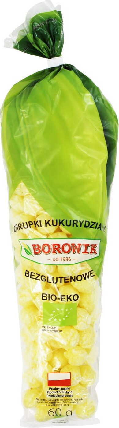 Glutenfreie Maisschips von BOROWIK in 60 g Verpackung, bio, knusprige Snacks mit Mais und natürlichen Zutaten.