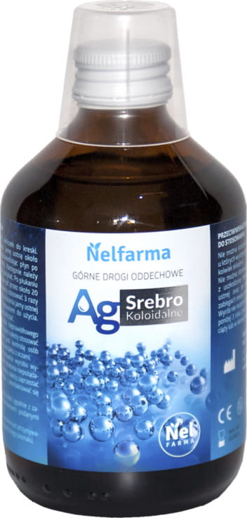 Kolloidales Silber in 300ml Glasflasche von NELFARMA, klare Flüssigkeit in brauner Flasche auf weißem Hintergrund