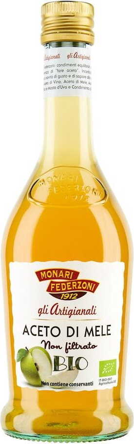 Ungefilterter Bio Apfelessig von MONARI FEDERZONI in 500 ml Flasche, Nahaufnahme der Flasche mit Etikett.