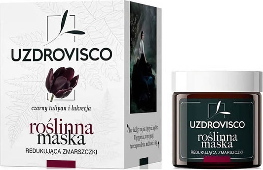 Faltenreduzierende Gesichtsmaske mit schwarzer Tulpe und Lakritze, 50 ml von UZDROVISCO, zeigt die Verpackung und Textur der Maske