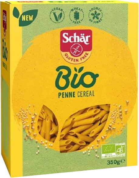 Vollbild der glutenfreien Penne aus Mehrkorngetreide von SCHAR BIO, 350 g Packung auf weißem Hintergrund