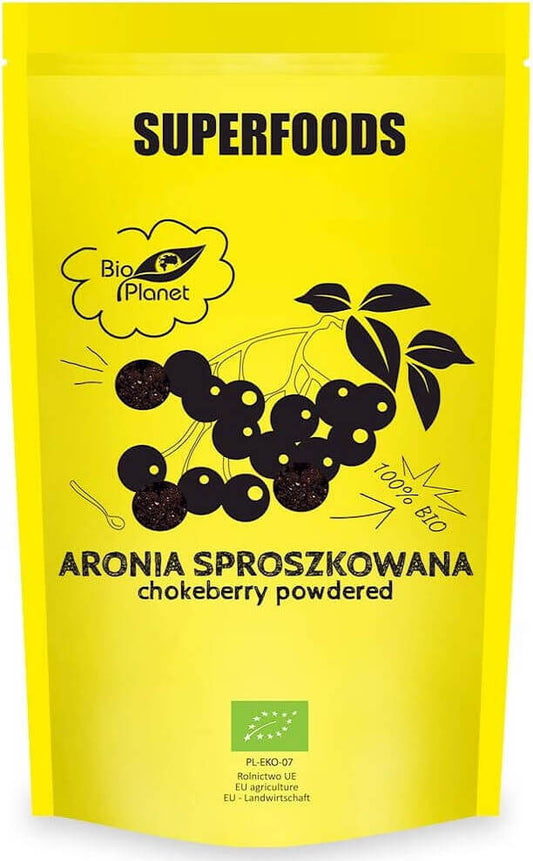 Bio Apfelbeerpulver in 100 g Packung, von BIO PLANET, zeigt das getrocknete Apfel- und Beerepulver in einer Verpackung.