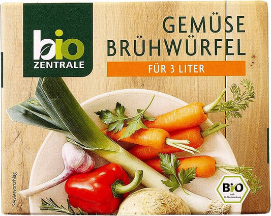 Bio-Gemüsebrühwürfel 60g von BIO-ZENTRALE, naturbelassen und biologisch, zeigt die Würfel in ihrer Verpackung.