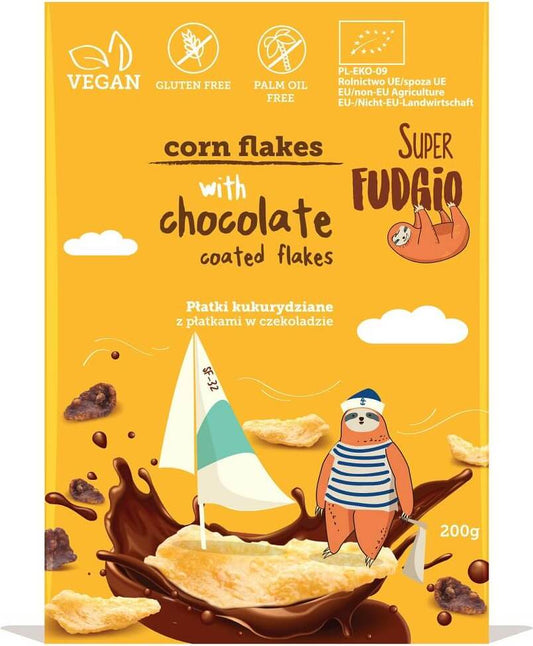Bio Cornflakes mit Schokoladenflocken von MEGUSTO in einer 200 g Packung, sichtbar in der Verpackung.