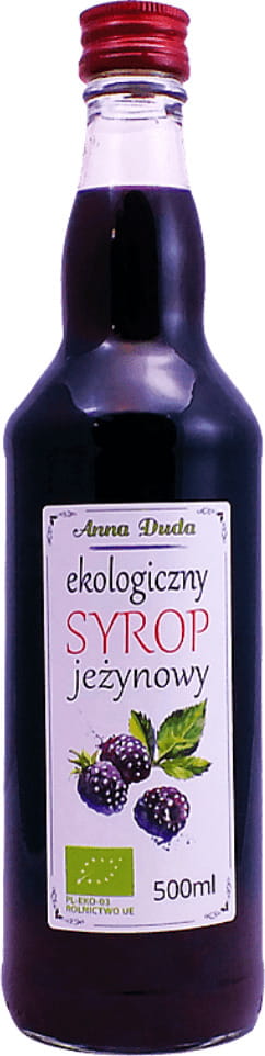 Bio Brombeersirup von ANNA DUDA in 500 ml Flasche, dunklere Brombeeren mit glänzendem Fruchtfleisch.