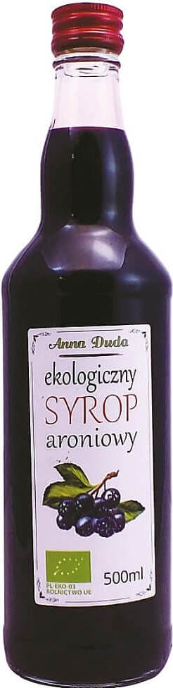 Bio Aroniasirup in 500 ml Flasche von ANNA DUDA, dunkle Beeren und naturbelassener Geschmack, wahrscheinlich auf dem Produktflaschenbild zu sehen