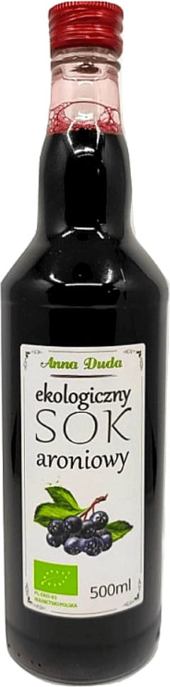 Bio-Aroniasaft in 500 ml Flasche von ANNA DUDA, zeigt die dunkelviolette Fruchtflüssigkeit in einer Flasche.