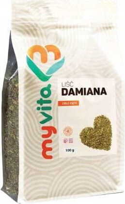 Frisches, geschnittenes Damianablatt-Kraut in 100 g Verpackung von MYVITA, grüne Kräuter mit feinen Blättern auf weißem Hintergrund