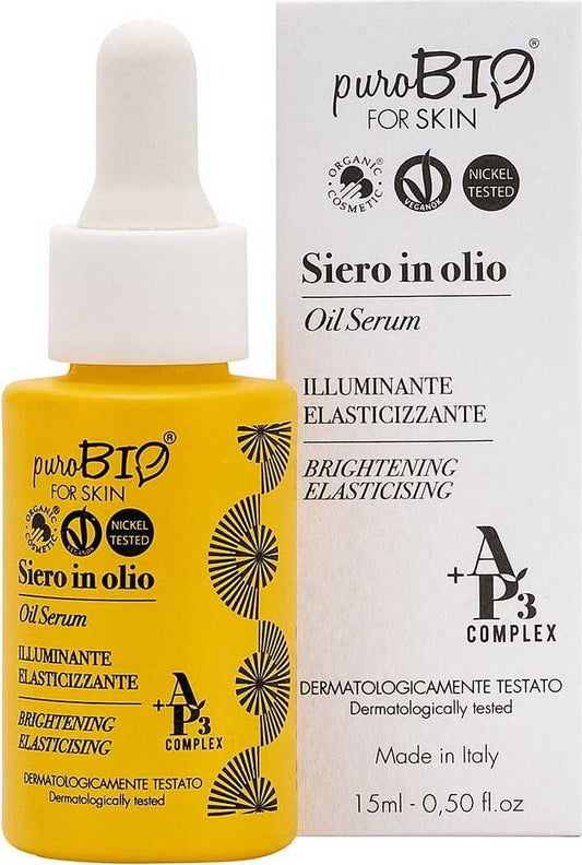 Aufhellendes Gesichtsserum in Öl für trockene Haut, 15 ml, von PUROBIO, zeigt Flasche und Anwendung.