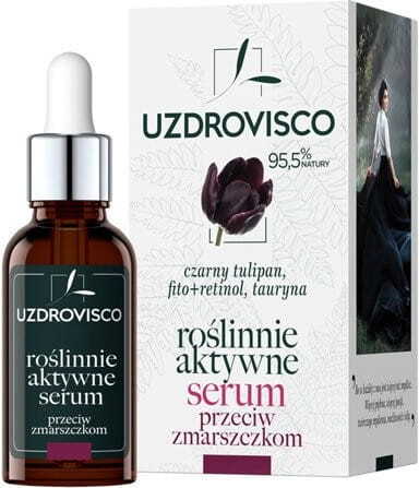 Anti-Falten-Gesichtsserum mit schwarzer Tulpe in 30 ml Ampulle von UZDROVISCO, zeigt das Fläschchen mit Serum.