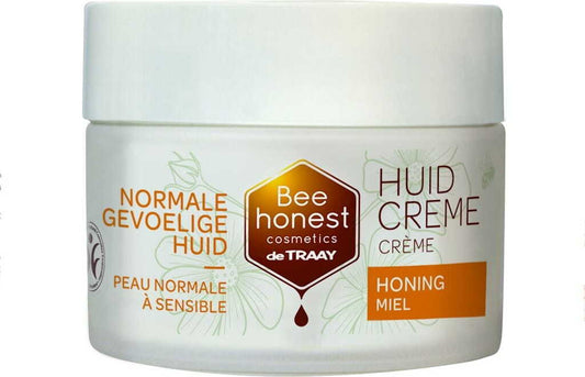 Gesichtscreme mit Honig von BEE HONEST für normale und empfindliche Haut, 100 ml, cremige Textur in einem Tiegel