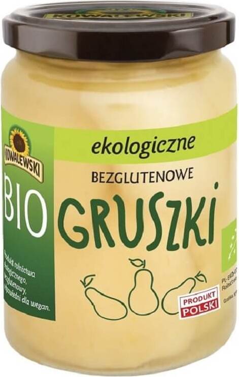Glutenfreie eingelegte Birnen von KOWALEWSKI, Bio-Qualität, in einer Schüssel, 500 g Verpackung sichtbar