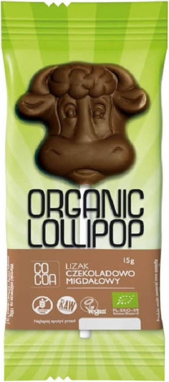 Glutenfreier Bio-Schokoladen- und Mandellollipop von COCOA, 15 g, mit Schokolade und Mandeln auf Holzstäbchen.