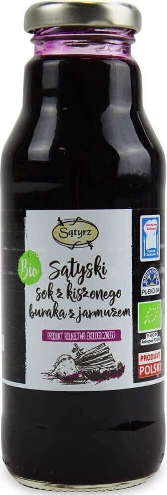 Sątyski eingelegter Rote-Bete-Saft mit Grünkohl in 300 ml Flasche, Bio-Qualität, zeigt die Flasche mit roter Bete und Grünkohl.