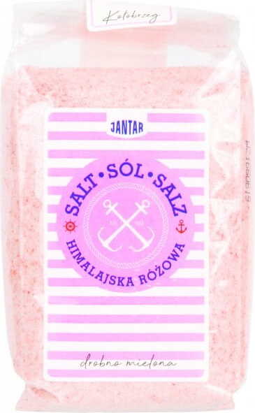 Feines rosa Himalaya-Salz in 600 g JANTAR Verpackung, sichtbar in der Abbildung, ideal für Gewürze und Kochrezepte