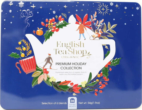 Ein Set erstklassiger Tees aus der Weihnachtskollektion in einer dekorativen blauen Dose BIO ENGLISH TEA SHOP