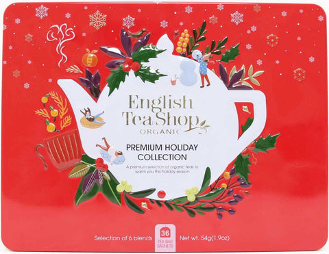 Ein Set hochwertiger Tees aus der Weihnachtskollektion in einer dekorativen roten Dose BIO 44 g ENGLISH TEA SHOP