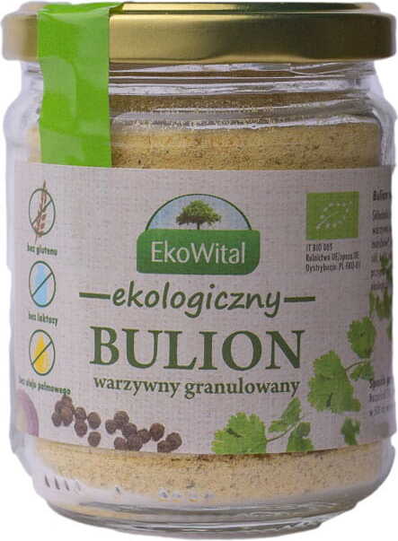 Bio, glutenfreie EKOWITAL Gemüsebrühe, granuliert, ohne Palmöl, in 125 g Packung auf weißem Hintergrund sichtbar.