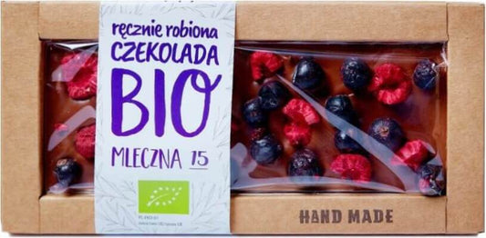 Milchschokolade mit schwarzen Johannisbeeren und Himbeeren, BIO, von Cukiernia Staropolska, 53 g, detailreiche Verpackungsansicht