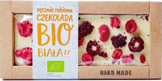 Weiße Schokolade mit Himbeeren und Brombeeren, BIO, 53 g, von CUKIERNIA STAROPOLSKA, mit fruchtigen Beeren und cremiger Schokolade
