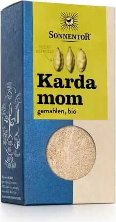 Gemahlener BIO Kardamom von SONNENTOR, 50 g, fein gemahlenes Gewürz in einer transparenten Verpackung sichtbar