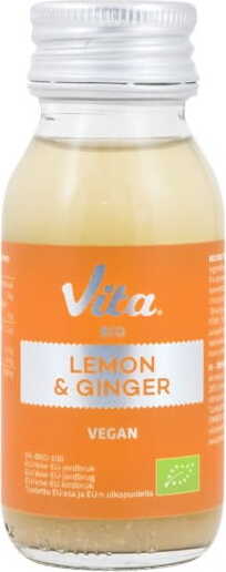 Bio Fruchtshot Ingwer-Zitrone von VITA, 60 ml, zeigt frische Ingwer- und Zitronenstücke in einer Flasche