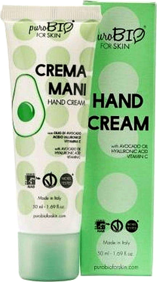 Handcreme von PUROBIO mit Avocadoöl, Hyaluronsäure und Vitamin C in 50 ml Tube, pflegt und spendet Feuchtigkeit.