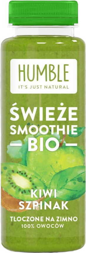 Frischer grüner Kiwi-Spinat-BIO-Smoothie in 300 ml HUMBLE Flasche, cremige Textur und gesunde Zutaten sichtbar