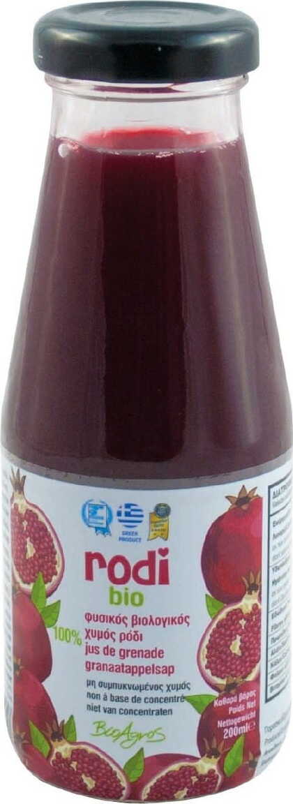 Bio Granatapfelsaft in 200 ml Flasche von BIO AGROS, zeigt die klare rote Flüssigkeit und frische Granatapfel-Details.