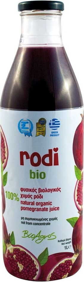 Biologischer Granatapfelsaft von BIO AGROS in 1000 ml Flasche, leuchtend roter Saft in Glasflasche auf weißem Hintergrund