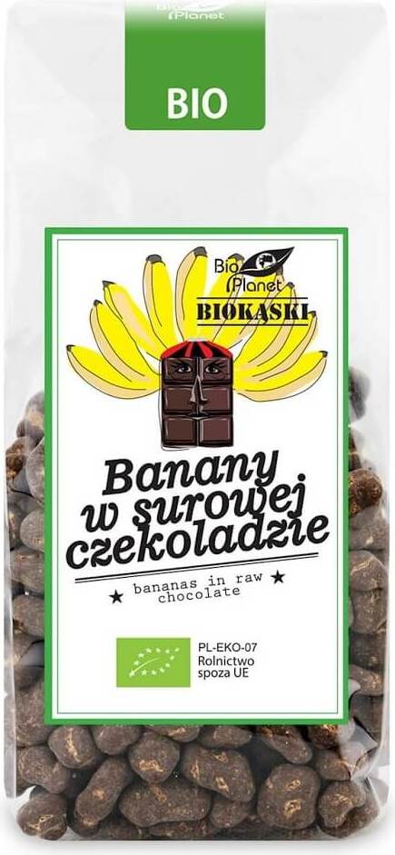Bio-Bananen in Rohschokolade von BIO PLANET, handgefertigt, in einer offenen Verpackung, frisch und lecker.