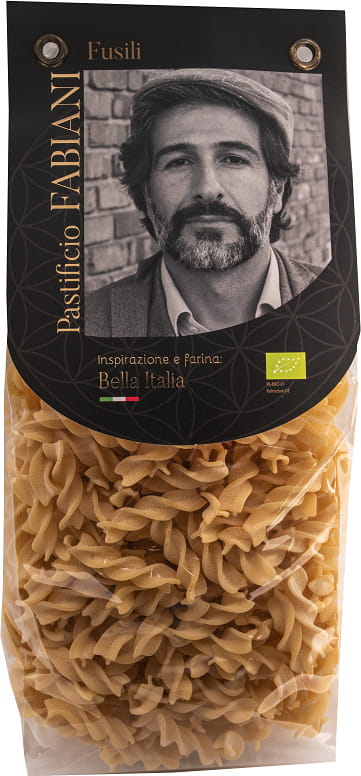 Bio Fusilli aus Hartweizengrieß von Fabiani, 400 g, rotes Nudelpackungsdesign, typische italienische Pasta in der Verpackung