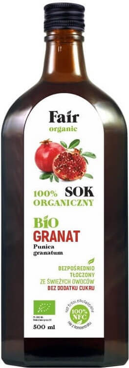 Bio Granatapfelsaft NFC von FAIR ORGANIC, 500 ml Flasche, frisch und natürlich, zeigt die dunkle Fruchtflüssigkeit in der Flasche.