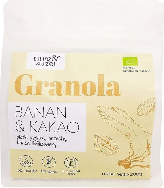 Bio glutenfreie Granola Banane und Kakao von PURE&SWEET, 200 g, mit knusprigen Bananen- und Kakaostückchen.