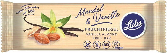 Glutenfreier Dattelriegel mit Mandeln und Vanille von LUBS, Bio, 40 g, zeigt den Riegel mit Mandeln und Vanille im Bild