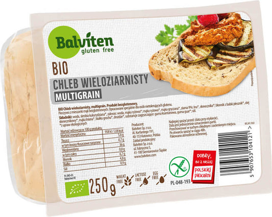 Vollkornbrot mit glutenfreiem Mehrkorn, BIO-Qualität von BALVITEN, frisch gebacken, auf einem rustikalen Brotteller.
