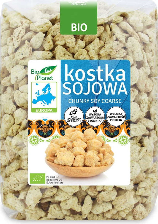 Bio Sojawürfel von BIO EUROPA, 500 g, in einer Schale, ideal für pflanzliche Gerichte, mit natürlicher Textur und brauner Farbe.
