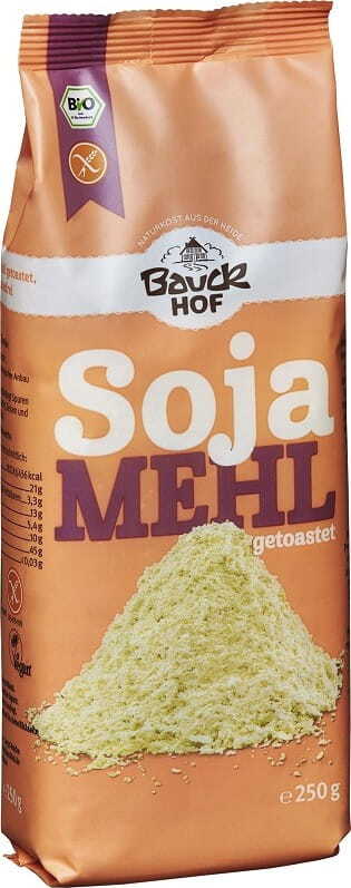 Glutenfreies geröstetes Sojamehl BIO von BAUCK HOF, 250 g, in einer Packung, sichtbar auf dem Bild.