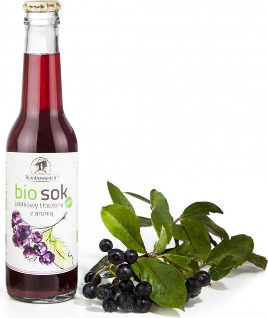 Bio Apfelsaft mit Aronia von REMBOWSCY in 275 ml Flasche, zeigt Flasche mit rotem Aroniabeeren- und Apfelsaft.
