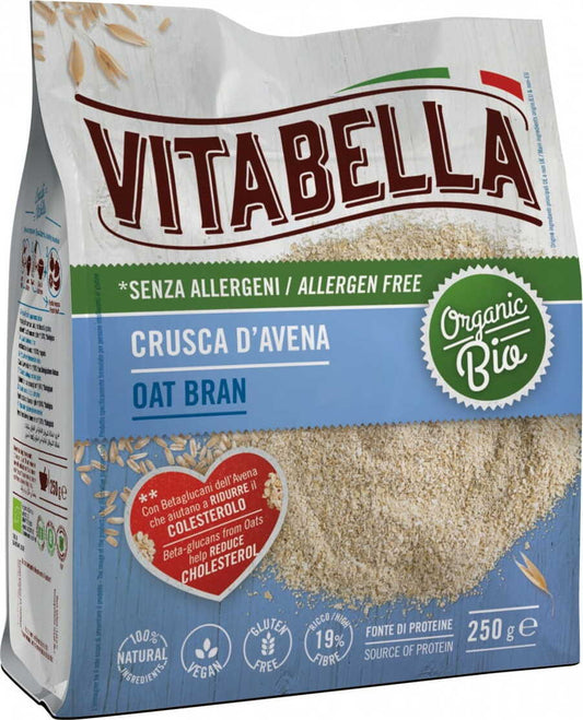 BIO glutenfreie Haferkleie von VITABELLA in 250 g Packung, zeigt die haferkleie in einer offenen Verpackung.