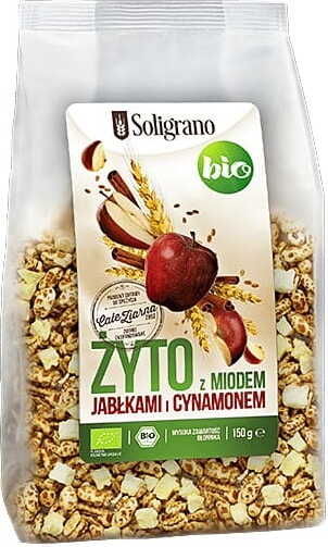Bio expandierter Roggen mit Apfel, Honig und Zimt, in Überzug, 150 g, von SOLIGRANO, frisch und aromatisch.