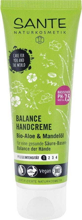 Handcreme Balance Aloe und Mandelöl von SANTE, 75 ml, zeigt die cremige Textur und die natürlichen Inhaltsstoffe in der Tube.
