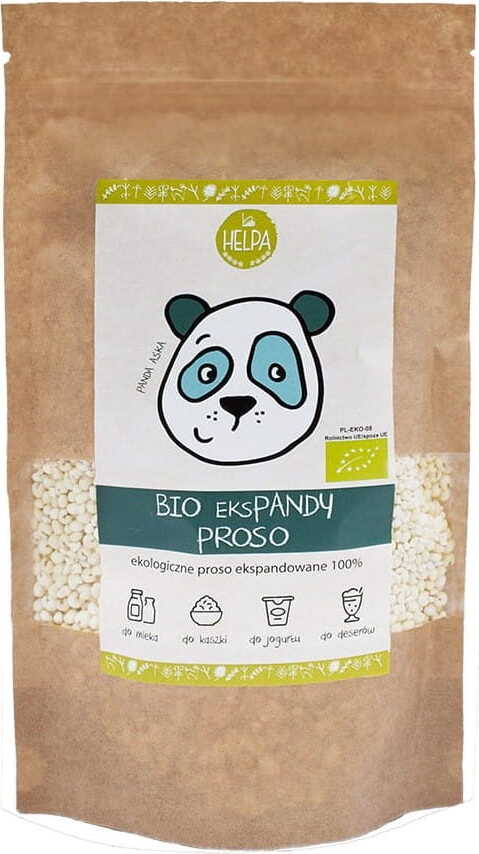 Bio expandierte Hirse von HELPA in 80 g Verpackung, sichtbar in der Packung, ideal für gesunde Snacks und Mahlzeiten